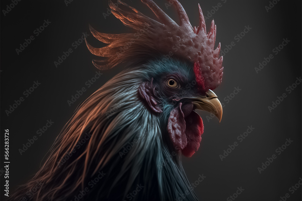 Domestic hen head rooster portrait portrait bird closeup view. Animal husbandry. Concept design of farm animals. generative AI