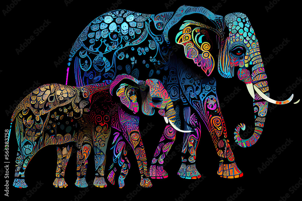 Fototapeta premium Beautiful vector pattern of colorful elephants on black background