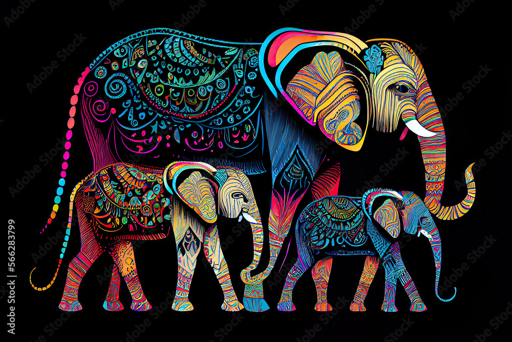 Beautiful vector pattern of colorful elephants on black background