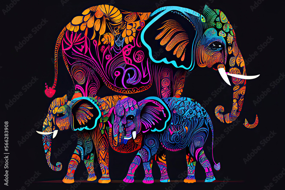 Obraz premium Beautiful vector pattern of colorful elephants on black background