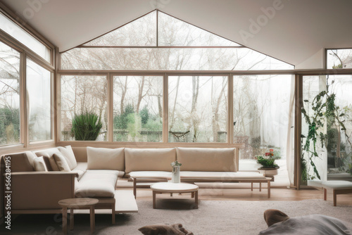 Large beige couch in a living room with large windows that offer a view of a beautiful garden