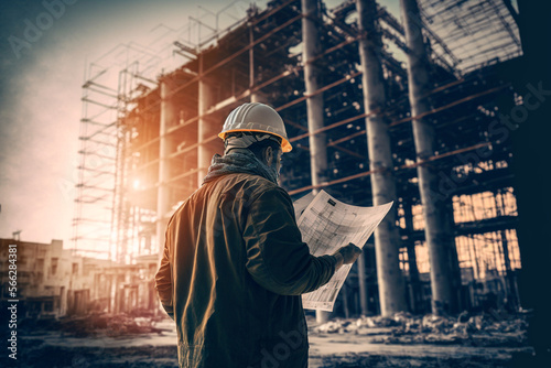 Engineer holding a construction plan, Generative AI
