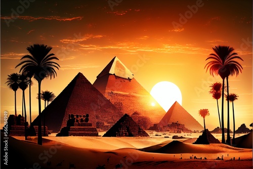 Pyramids at sunset. Cairo. Egypt. Fantasy Egyptian landscape. Generative AI