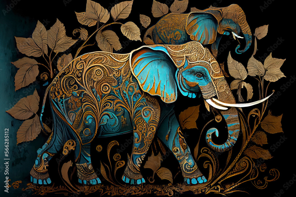 Obraz premium elephants, hohloma, painting, large. small details. gold,light brown, black, turquoise silver