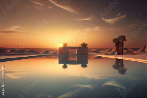 Swimming pool in the desert. beautiful sunset. reflection in the water. Generative AI