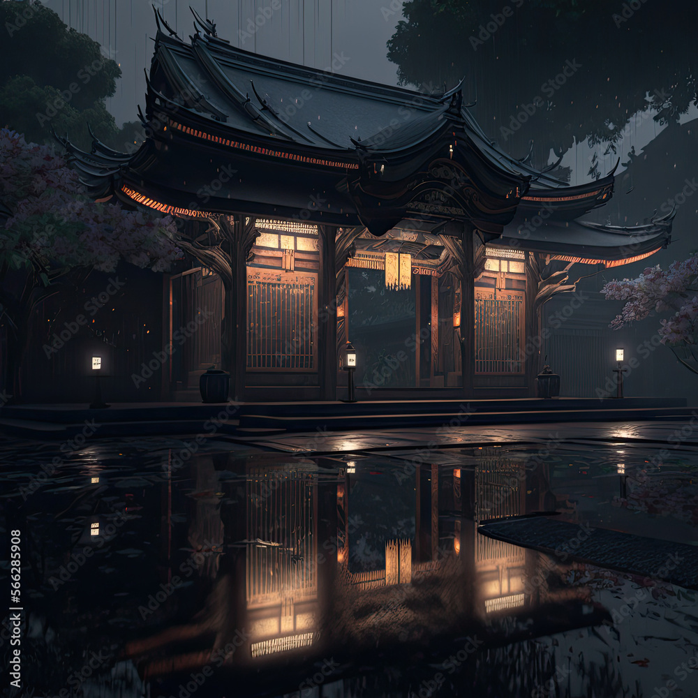 Entrance to Buddhist temple in Japan, rainy night in Spring with sakura blossoms. Imaginary location, AI generative.