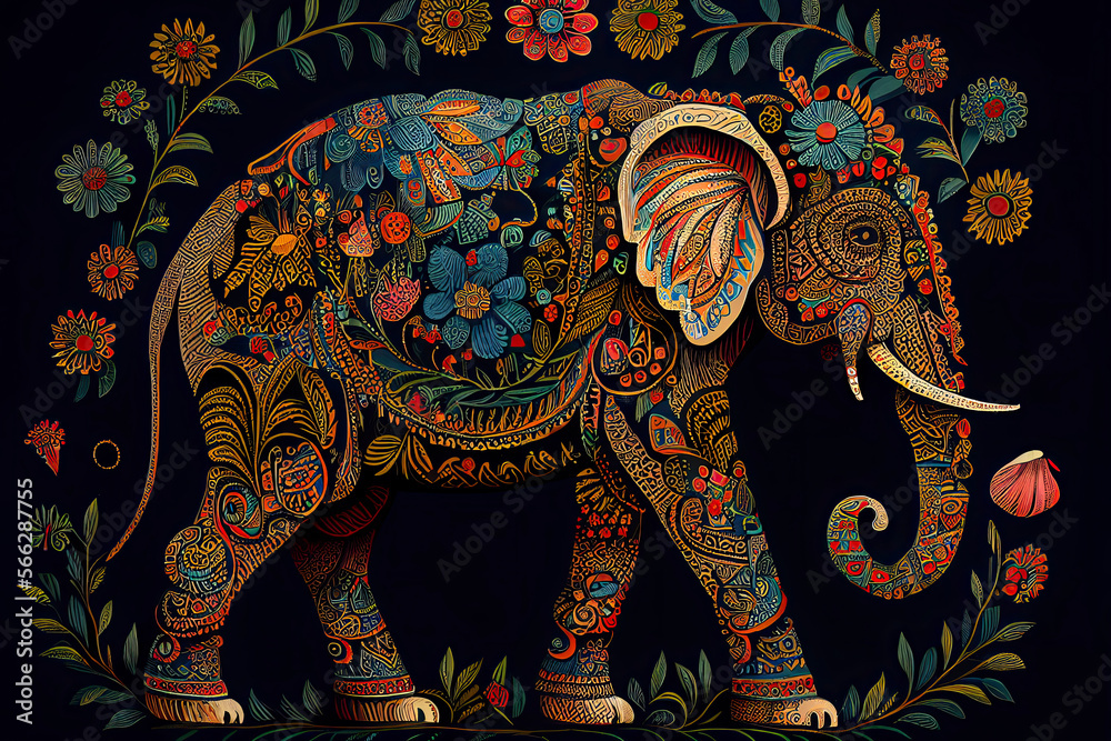 Folk art indian elephant, vector dot painting illustration - obrazy, fototapety, plakaty 