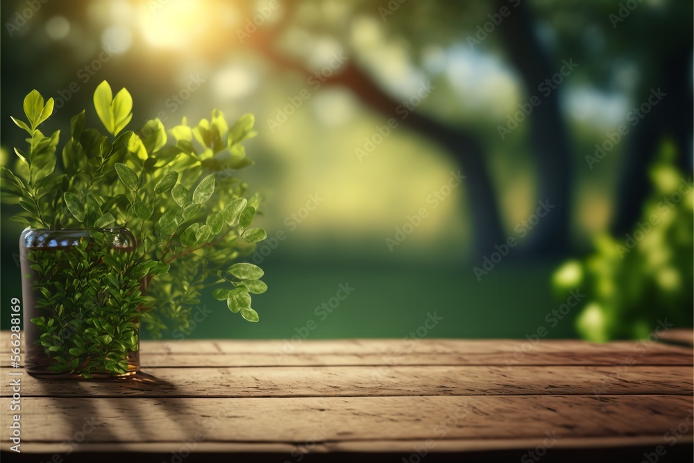 A lovely springtime outdoor setting includes an empty wooden table and fresh, luscious new greenery. Sunlight and bokeh with a natural template. Generative Ai.