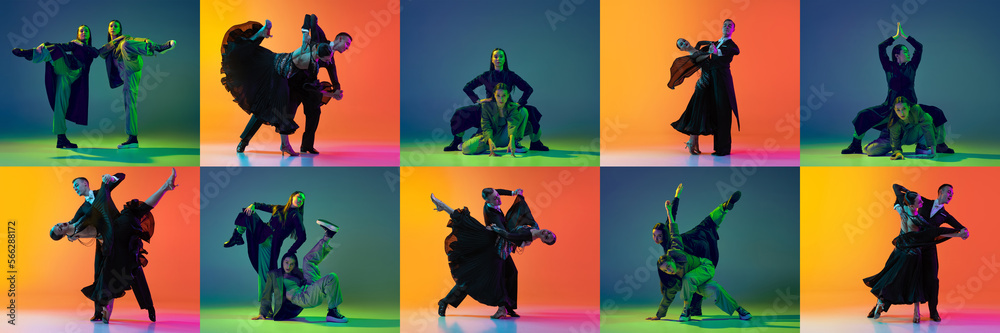 Collage. Combination of modern and classic dance styles. People dancing ballroom, tango and contemp, experimental dance on multicolored background in neon. Concept of lifestyle, hobby, action, motion