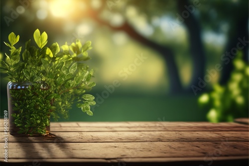 A lovely springtime outdoor setting includes an empty wooden table and fresh, luscious new greenery. Sunlight and bokeh with a natural template. Generative Ai. © Concept Killer