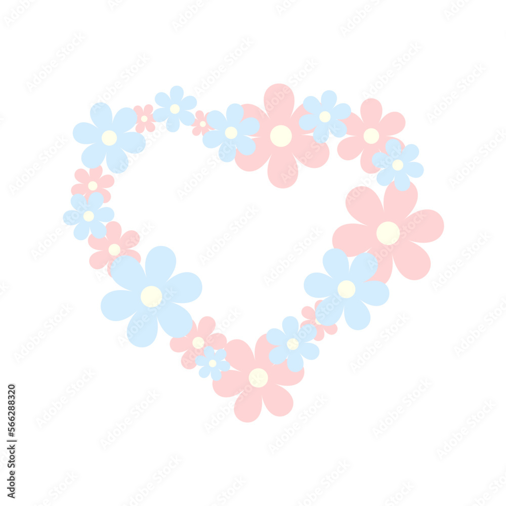 Heart made of pink and blue flowers on a white background