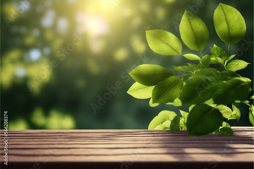 A lovely springtime outdoor setting includes an empty wooden table and fresh  luscious new greenery. Sunlight and bokeh with a natural template. Generative Ai.