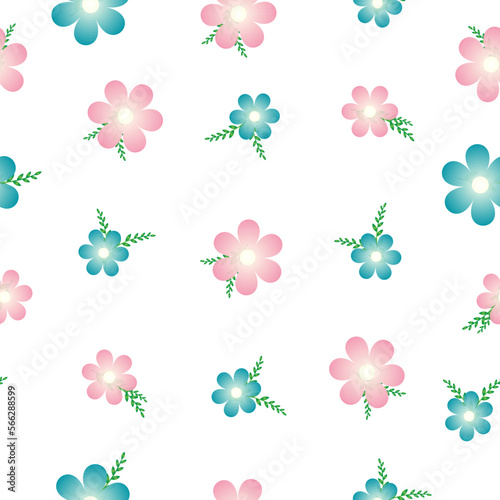 Seamless pattern of pink and blue flowers on a white background