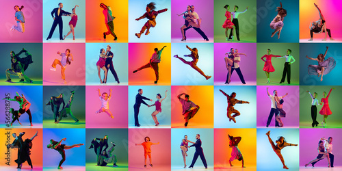 Collage. Children and adult people dancing different dance types,from classic to modernity over multicolored background in neon light. Ballroom and hip-hop. Concept of lifestyle, hobby, action, motion