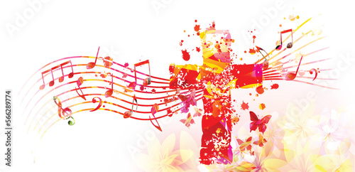 Christian cross with musical notes stave in pink and red colors. Vector illustration. Religion themed design for Christianity, church service, communion and celebrations. Church choir background	