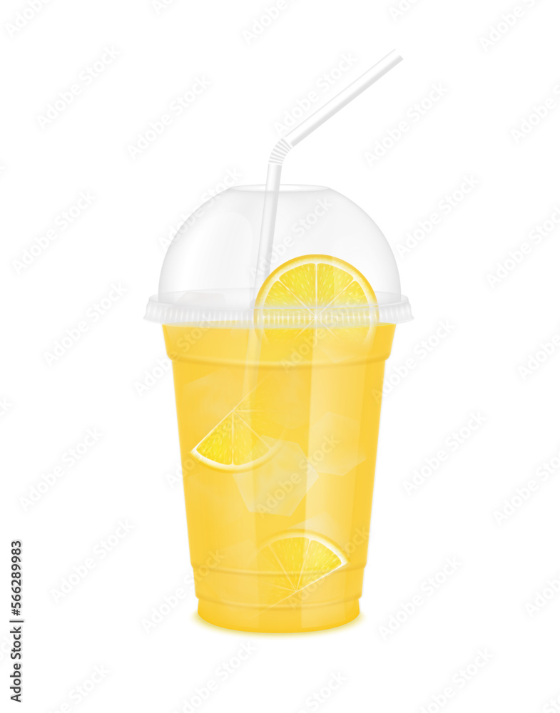 Fruit juice in clear plastic transparent cup and ice with sphere dome cap, straw tube. Fresh lemon juice for design drink menu cafe or restaurants. Isolated on white background. 3D Realistic vector. Fruit juice in clear plastic transparent cup and ice with sphere dome cap, straw tube. Fresh lemon juice for design drink menu cafe or restaurants. Isolated on white background. 3D Realistic vector.