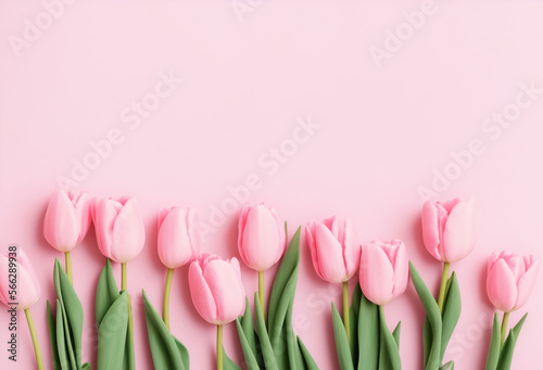 Fototapeta Naklejka Na Ścianę i Meble -  Bouquet of pastel pink colored tulips flowers on pastel pink background. Valentine's Day, Easter, Birthday, Happy Women's Day, Mother's Day. Flat lay, top view, copy space