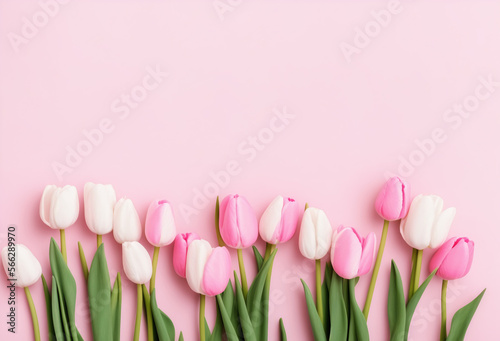 Bouquet of pastel pink and white tulips flowers on pastel pink background. Valentine's Day, Easter, Birthday, Happy Women's Day, Mother's Day. Flat lay, top view, copy space © Michael