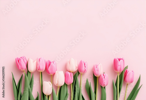 Fototapeta Naklejka Na Ścianę i Meble -  Bouquet of rose colored and pink tulips flowers on pastel pink background. Valentine's Day, Easter, Birthday, Happy Women's Day, Mother's Day. Flat lay, top view, copy space