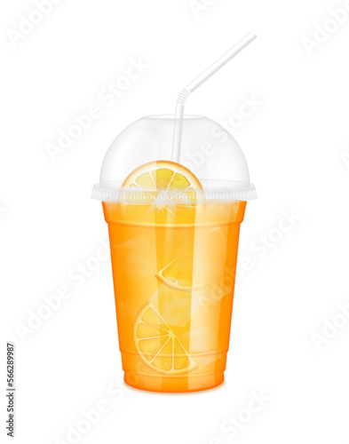 Fruit juice in clear plastic transparent cup and ice with sphere dome cap, straw tube. Fresh orange juice for design drink menu cafe or restaurants. Isolated on white background. 3D Realistic vector.