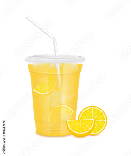 Yellow fresh lemon juice glass and slices half. Fruit juice in clear plastic transparent cup flat lid, ice and straw tube. For design drink menu cafe or restaurants. Isolated 3D realistic vector.