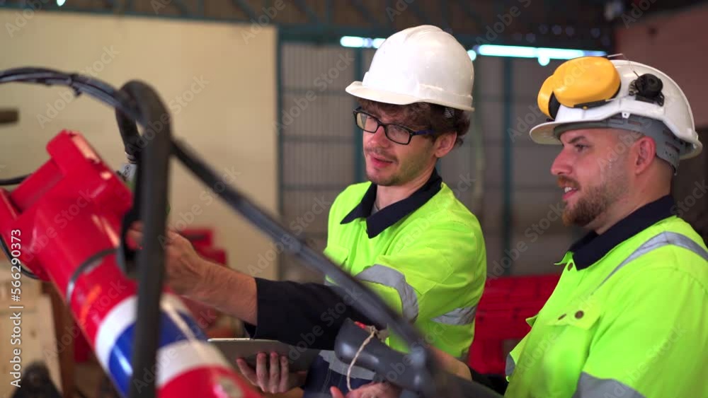 Mechanical or robotic software engineers working together on a robotic arm in modern manufacturing factory. Mechanical or robotic software engineers working together on a robotic arm in modern manufacturing factory.