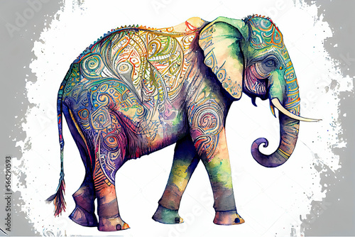 Watercolor painted fantasy ornate Indian elephant isolated on a white background © surassawadee