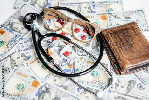 medicine finance concept idea. money for medicine finance in closeup and selective focus.