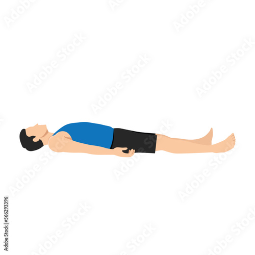 Man doing Shavasana or Corpse Pose. Yoga Practice exercise. Flat vector illustration isolated on white background