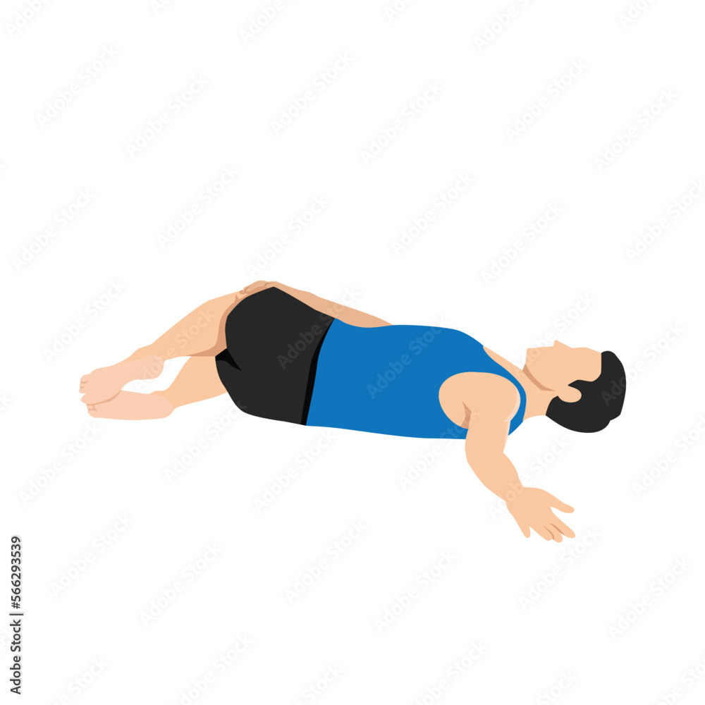 Man doing Supta Matsyendrasana yoga pose, Reclined Spinal Twist pose. Flat vector illustration isolated on white background Man doing Supta Matsyendrasana yoga pose, Reclined Spinal Twist pose. Flat vector illustration isolated on white background