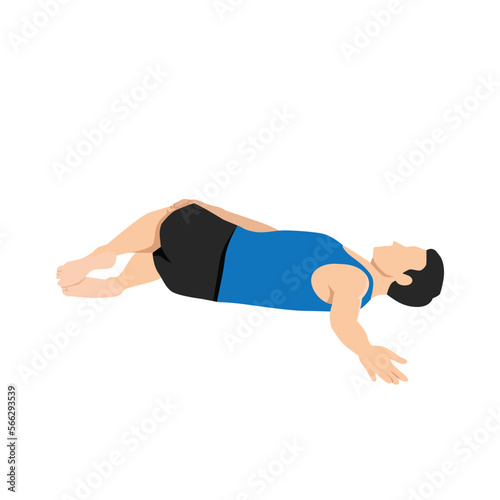 Man doing Supta Matsyendrasana yoga pose, Reclined Spinal Twist pose. Flat vector illustration isolated on white background