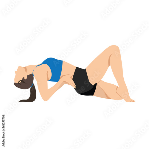 Woman doing Half lotus easy Fish Pose Variation. Beautiful girl practice Matsyasana Variation Padmasana Elbows. Flat vector illustration isolated on white background