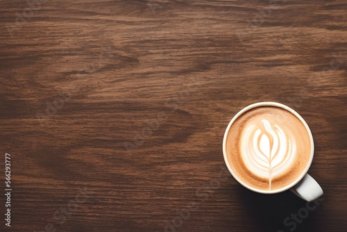 hot latte art coffee on wooden table with light flare and chamomile flower on the table - generative ai