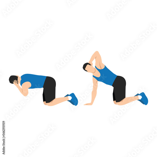 Man doing exercise in thoracic rotation pose or quadruped rotation. Flat vector illustration isolated on white background