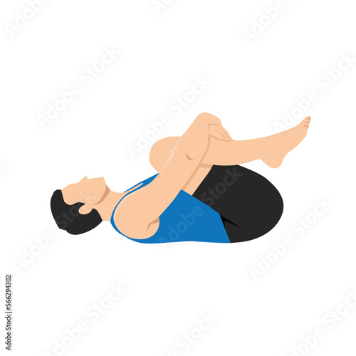 Man doing knees to chest pose apanasana exercise. Flat vector illustration isolated on white background