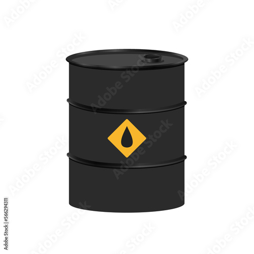 Oil industry. Gold and black barrels with oil drop label on spilled puddle of crude oil.