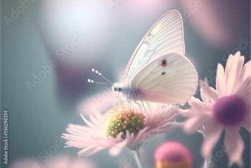 White butterfly on flower against a soft pink romantic natural floral backdrop. Close-up macro with lovely bokeh and pastel hues. Generative Ai. © Concept Killer