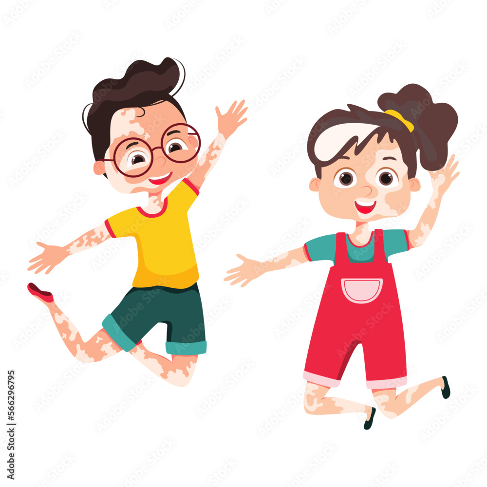 Happy children with vitiligo cosmetology skin disease. Two kids with dermatologist spot pigment problem standing together. Body positive illustration. Cartoon Vector illustration Happy children with vitiligo cosmetology skin disease. Two kids with dermatologist spot pigment problem standing together. Body positive illustration. Cartoon Vector illustration