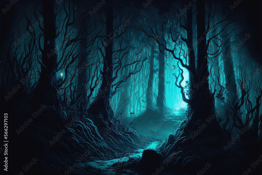 Digital painting. Dark forest landscape with blue light. (ai generated ...