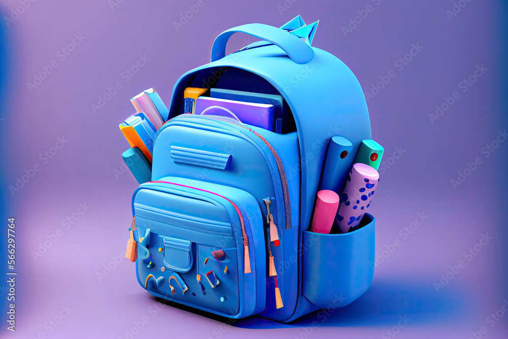 online learning concept Blue backpack with school supplies 3d render on blue gradient