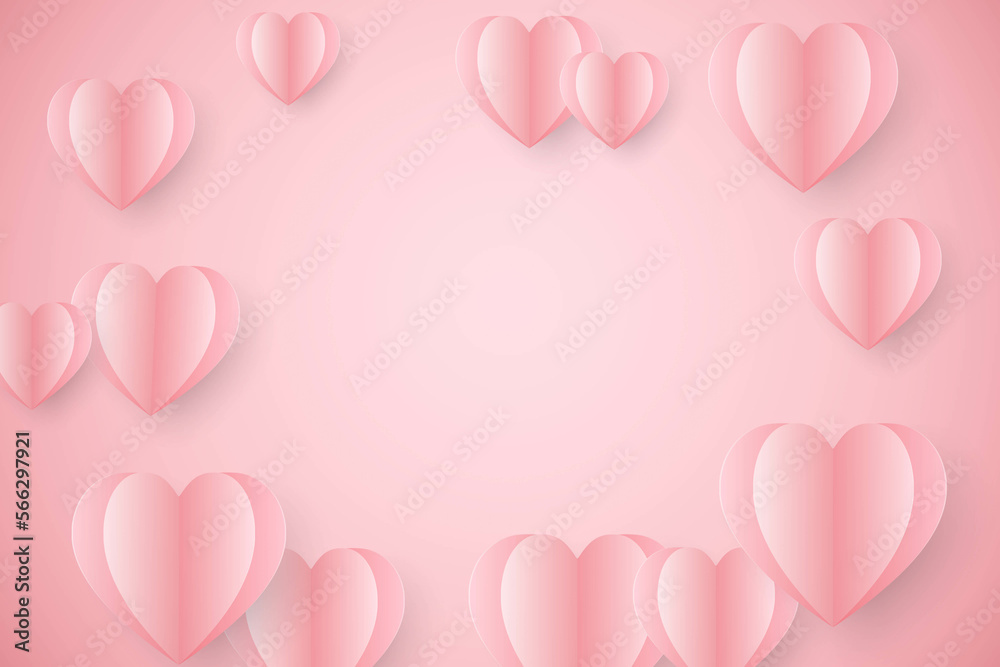 Paper elements in shape of heart flying on pink background. Vector symbols of love for Happy Women's, Mother's, Valentine's Day, birthday