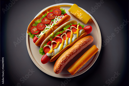 Super hotdog with double sausage dripping mustar onion tomato lettuce photo