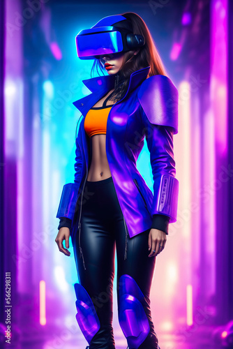 Cyberpunk illustration of a beautiful fictional caucasian woman wearing leather clothes and a virtual reality headset, at night in a neon illuminated street of a fictional city. Generative AI