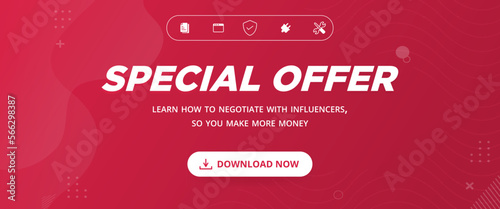 Special Offer Flash Sale Poster or banner with download button,red background.Flash Sales banner template design for digital services, promotional banner. Special Offer Flash Sale campaign