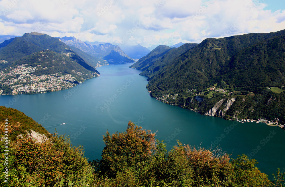 Panoramic view of the mountains and Lake Lugano from Mount San Salvatore in the city of Lugano, in southern Switzerland	