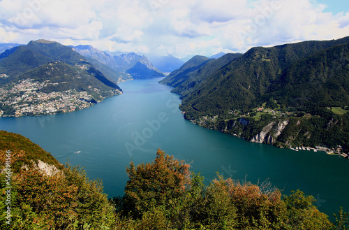 Panoramic view of the mountains and Lake Lugano from Mount San Salvatore in the city of Lugano, in southern Switzerland 