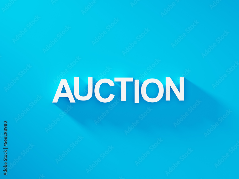 Auction white text word on blue background with soft shadow