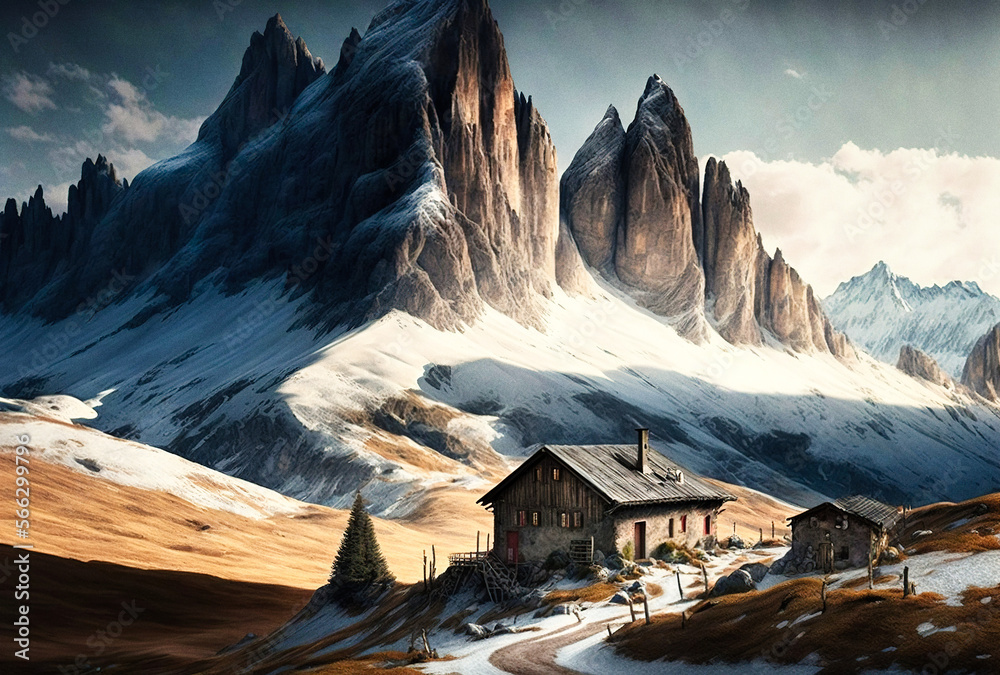 A mountains landscape in winter in the style of the Dolomites - generative AI