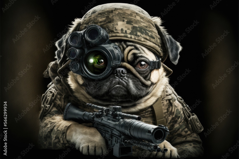 Healthy Dog pug breed purebred wearing military uniform. Generative AI