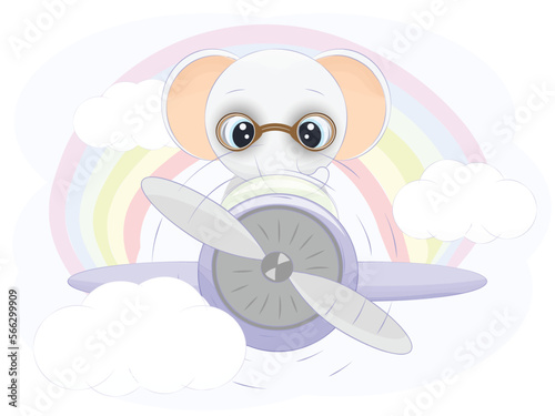 A cute little elephant is flying in an airplane. Rainbow in the background.